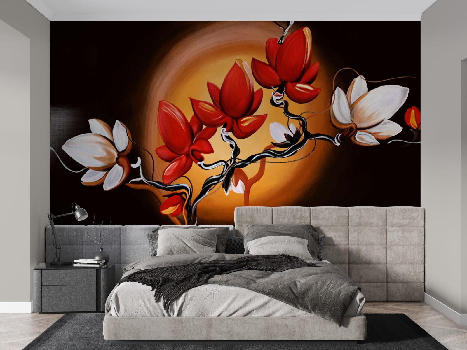 Papier peint tronc de magnolia, peint dans des tons blancs et rouges