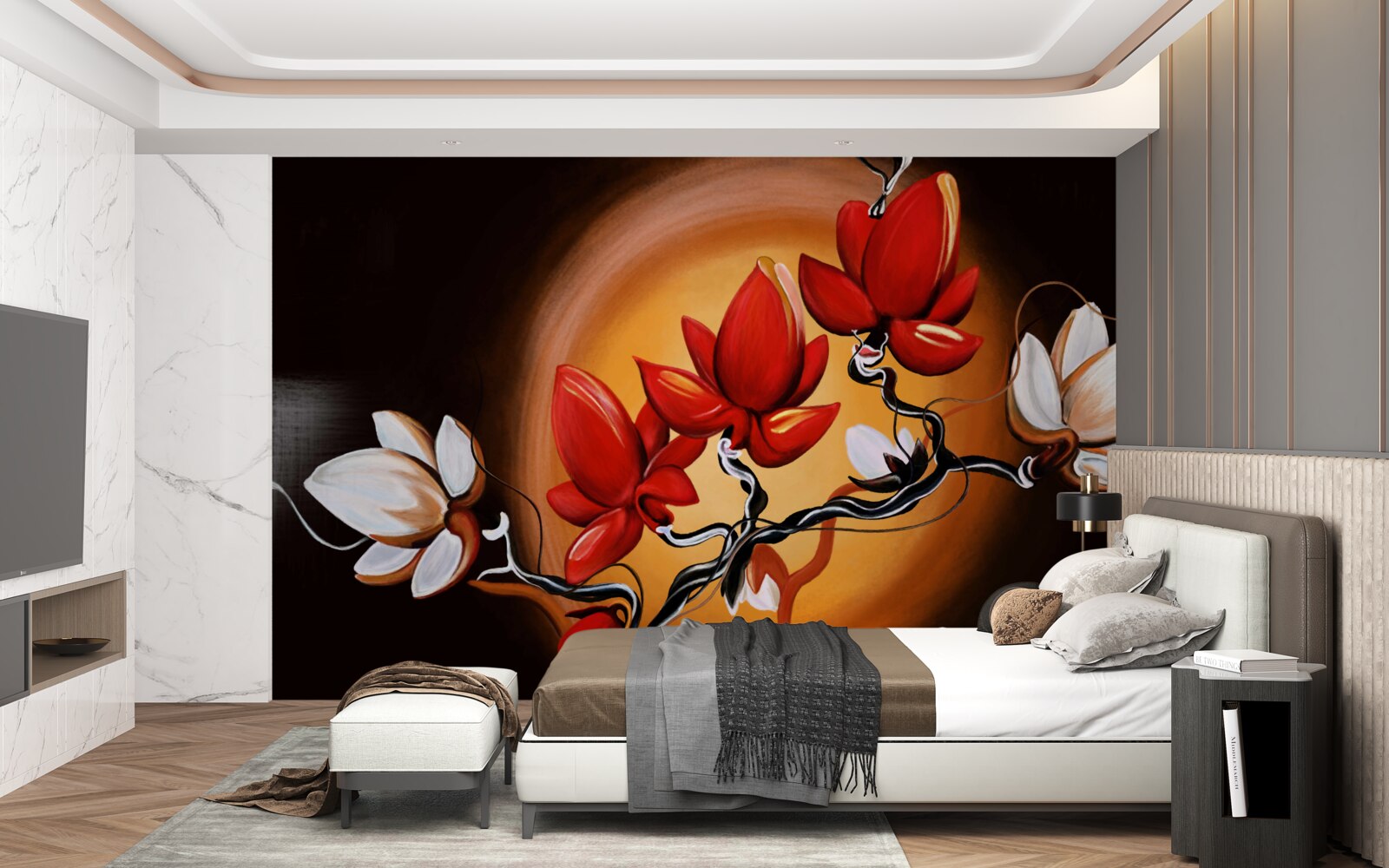 Papier peint tronc de magnolia, peint dans des tons blancs et rouges