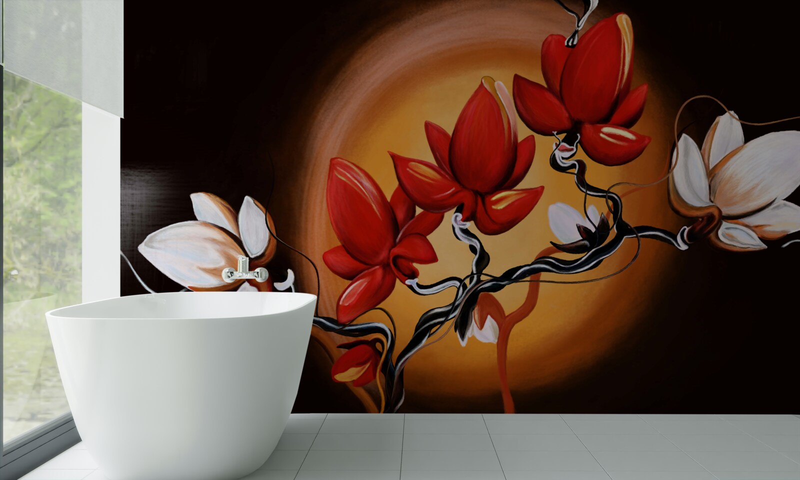 Papier peint tronc de magnolia, peint dans des tons blancs et rouges