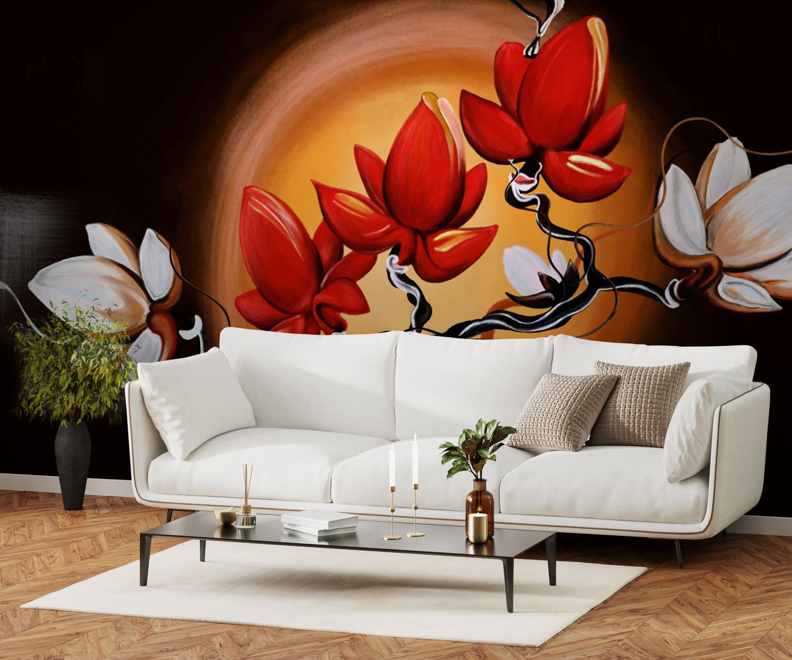 Papier peint tronc de magnolia, peint dans des tons blancs et rouges