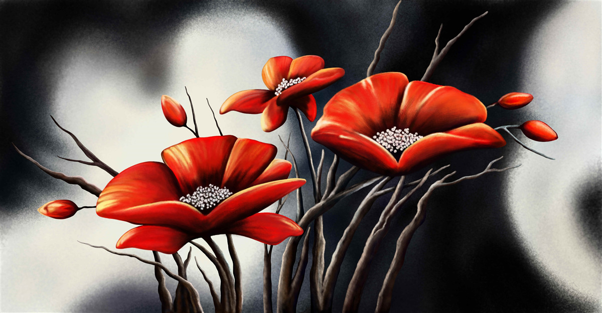 Papier peint fond noir décoré de coquelicots rouges