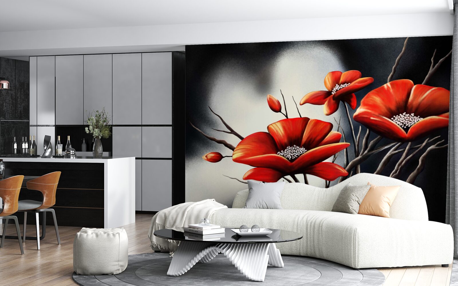 Papier peint fond noir décoré de coquelicots rouges