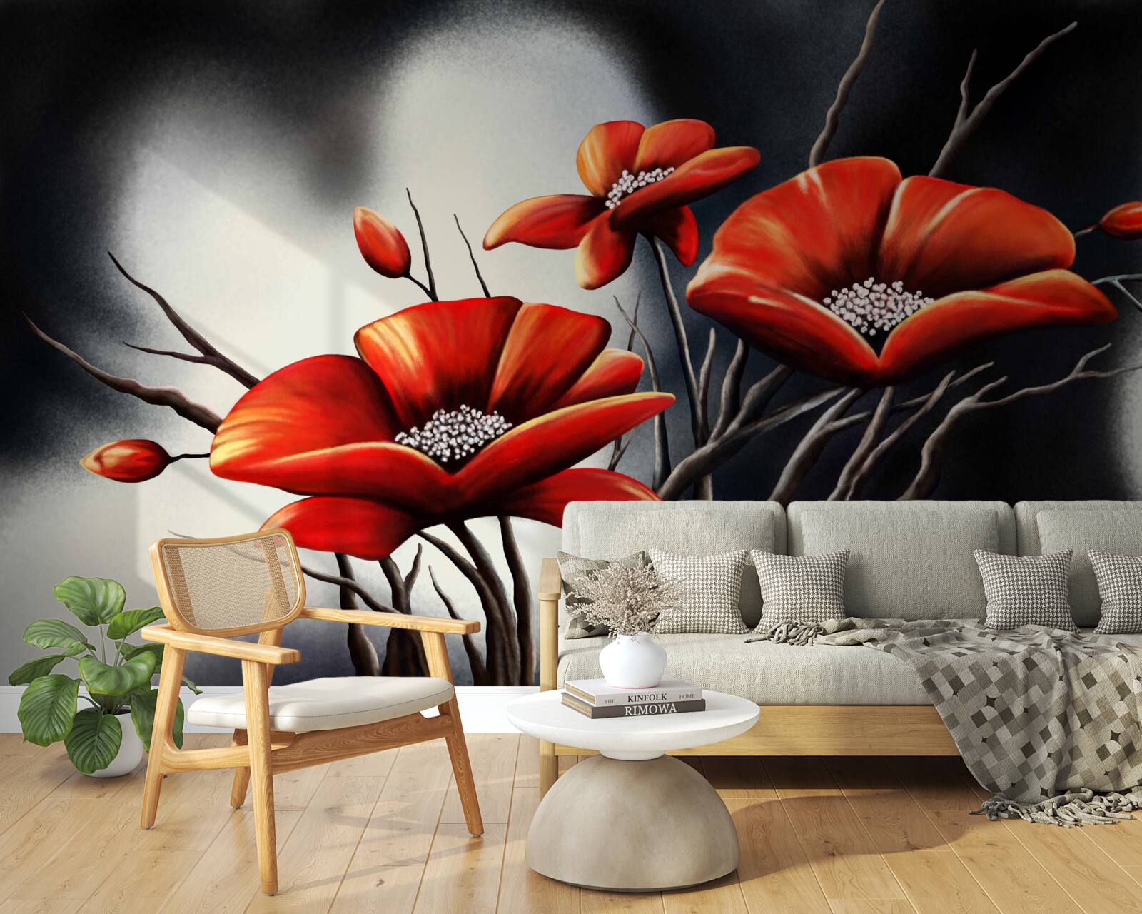 Papier peint fond noir décoré de coquelicots rouges