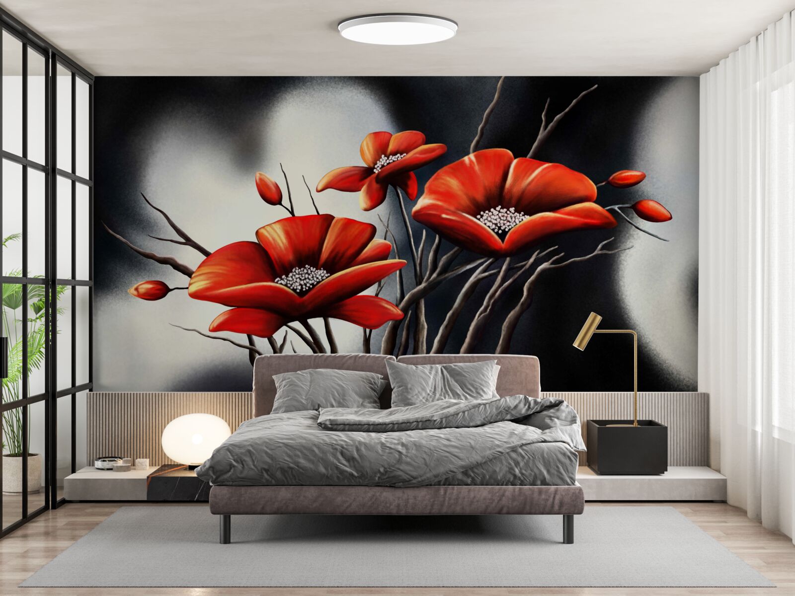 Papier peint fond noir décoré de coquelicots rouges