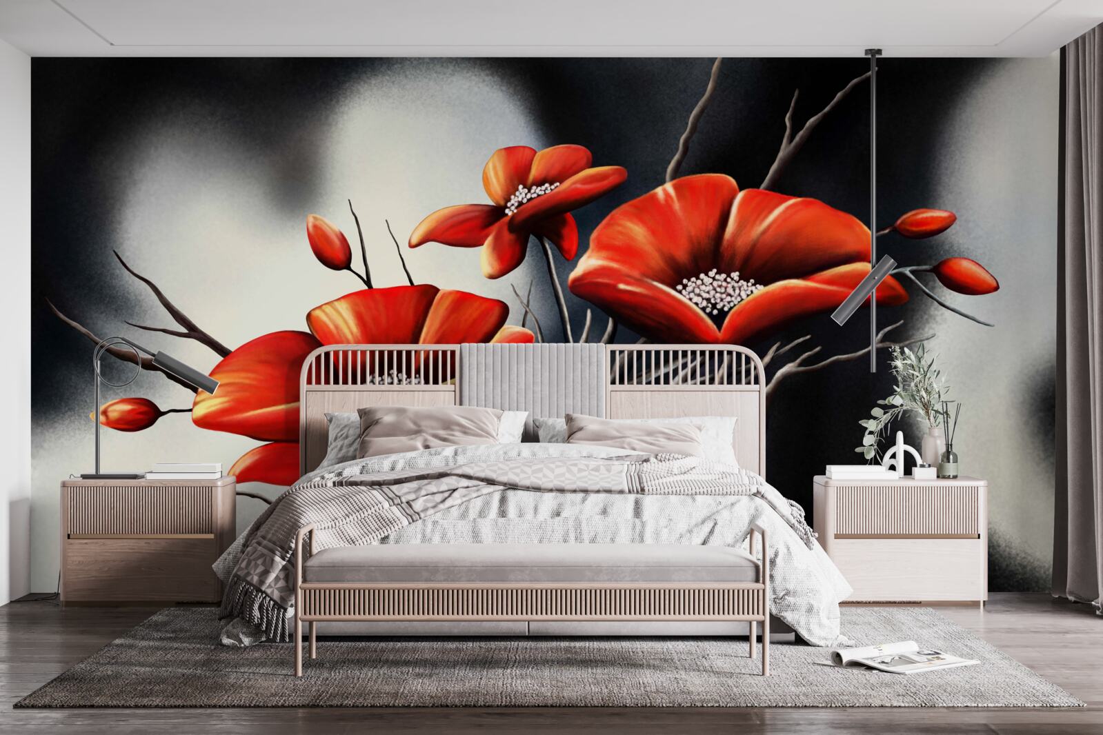 Papier peint fond noir décoré de coquelicots rouges