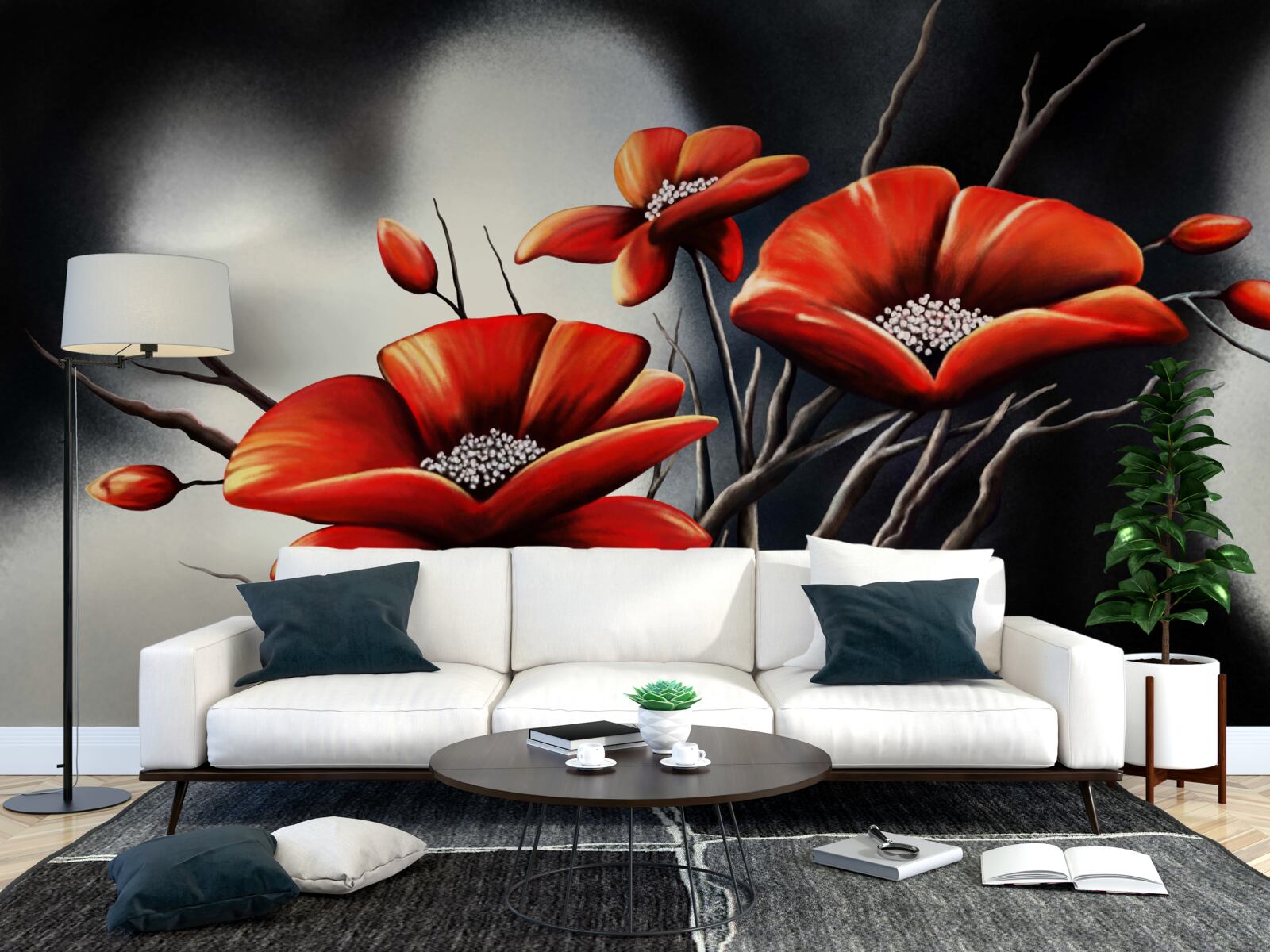 Papier peint fond noir décoré de coquelicots rouges