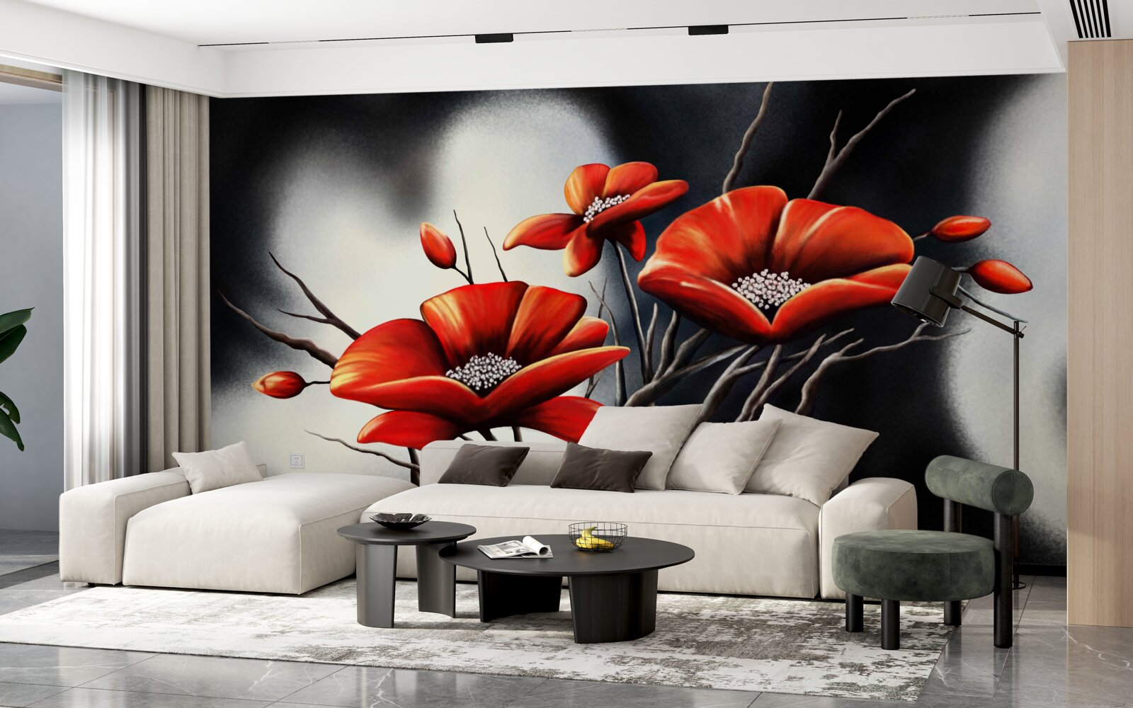 Papier peint fond noir décoré de coquelicots rouges