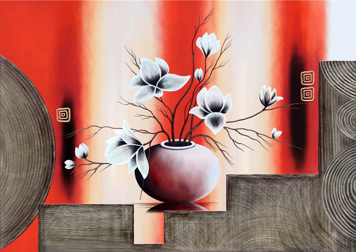 Papier peint vase rouge avec fleurs blanches délicates