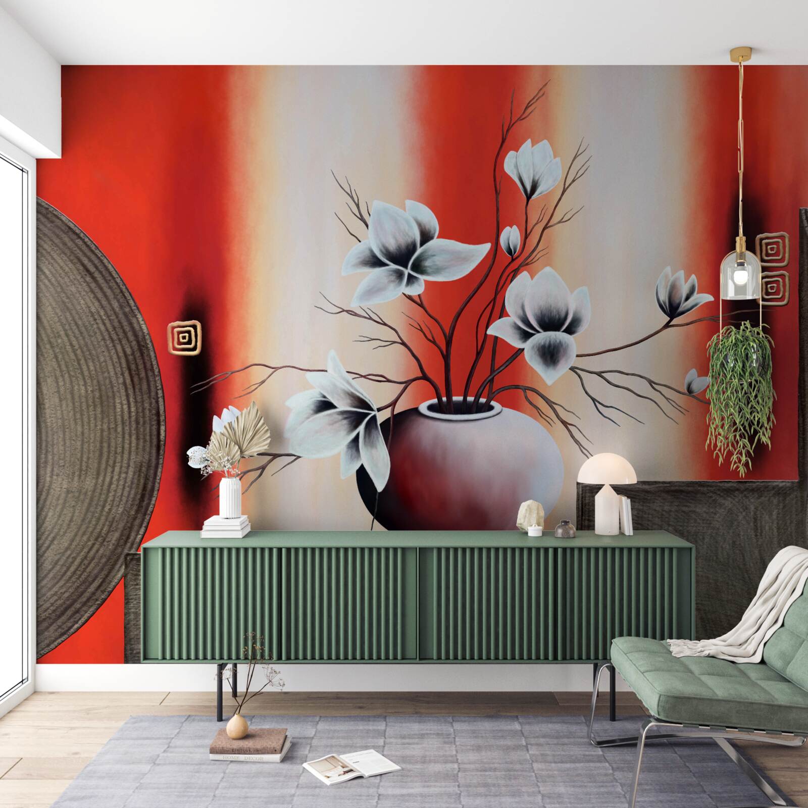 Papier peint vase rouge avec fleurs blanches délicates