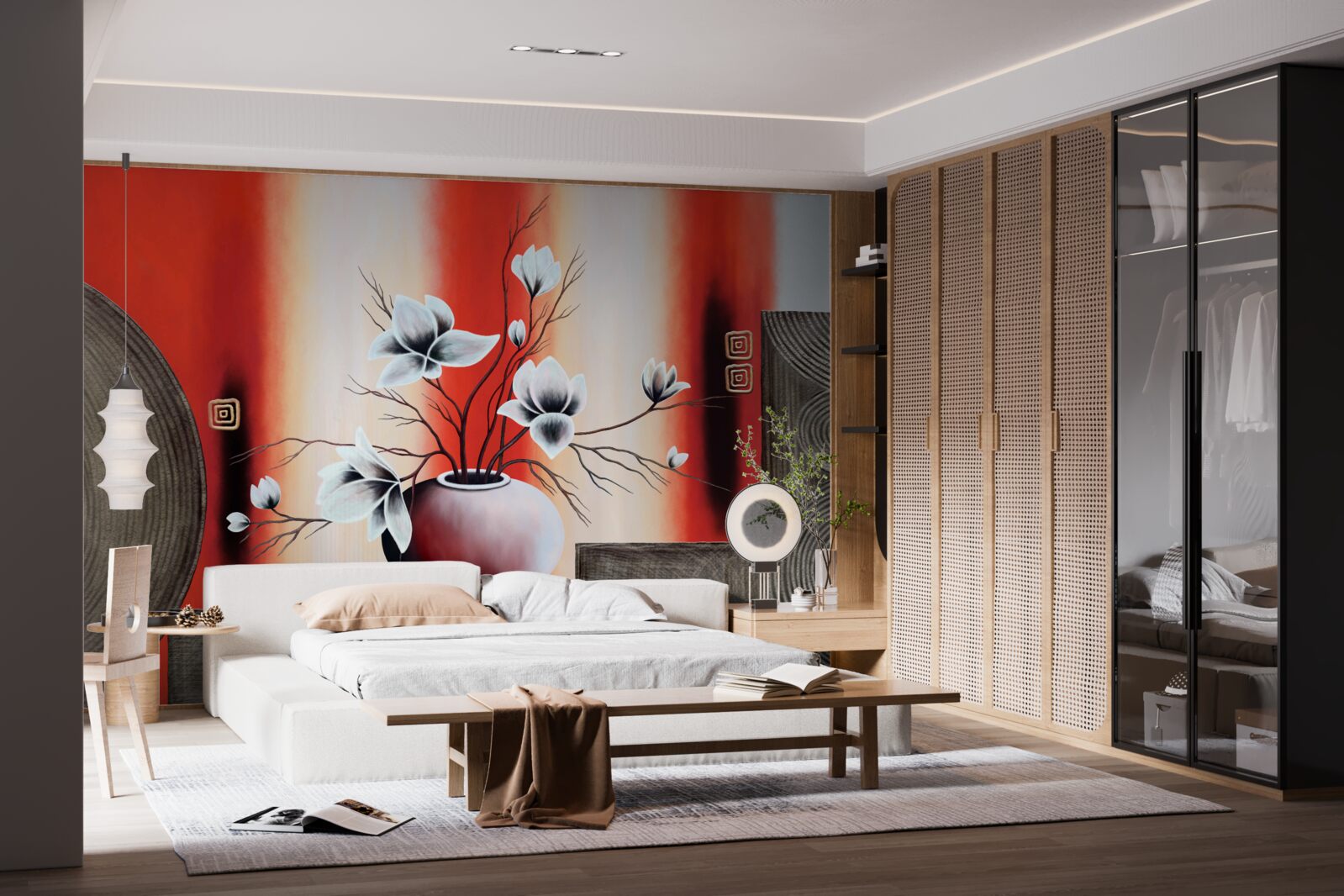 Papier peint vase rouge avec fleurs blanches délicates