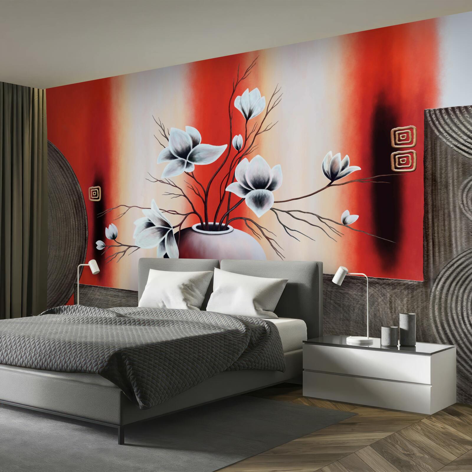 Papier peint vase rouge avec fleurs blanches délicates