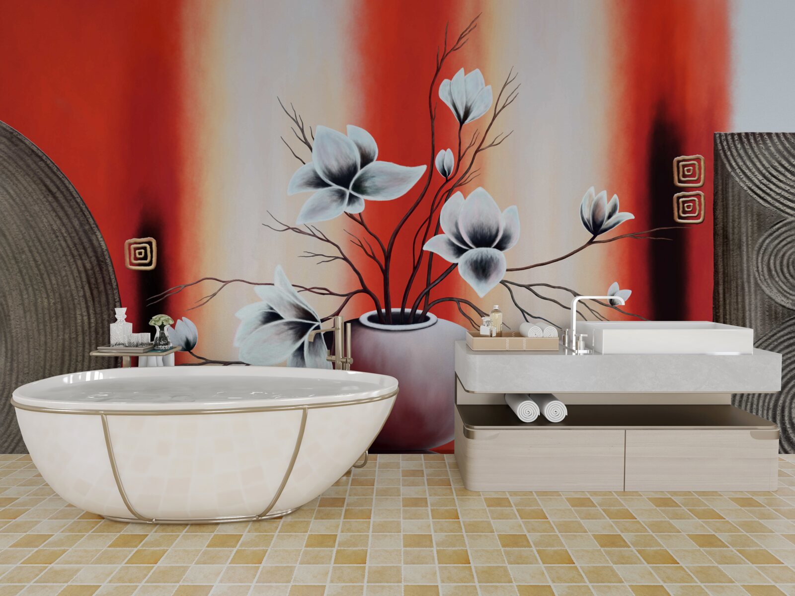 Papier peint vase rouge avec fleurs blanches délicates