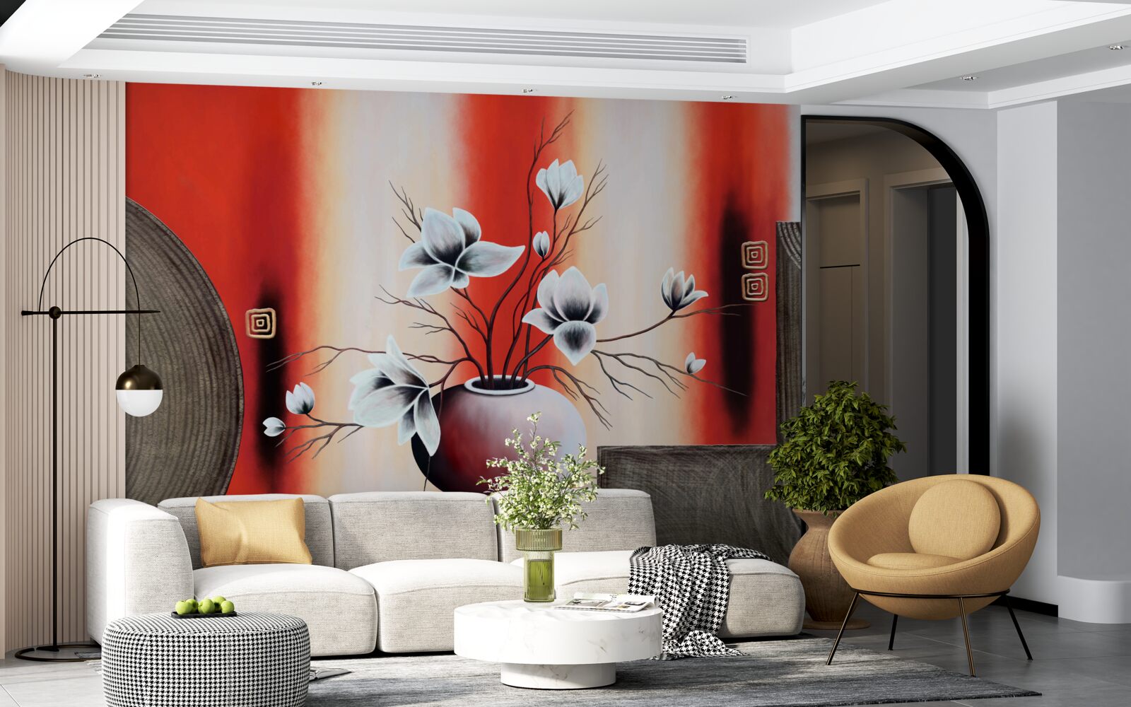 Papier peint vase rouge avec fleurs blanches délicates