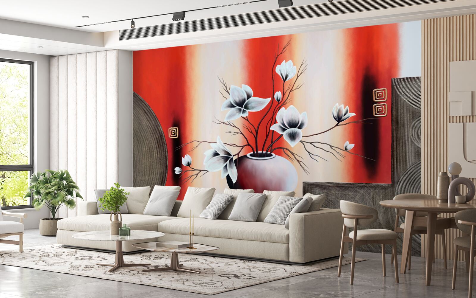 Papier peint vase rouge avec fleurs blanches délicates