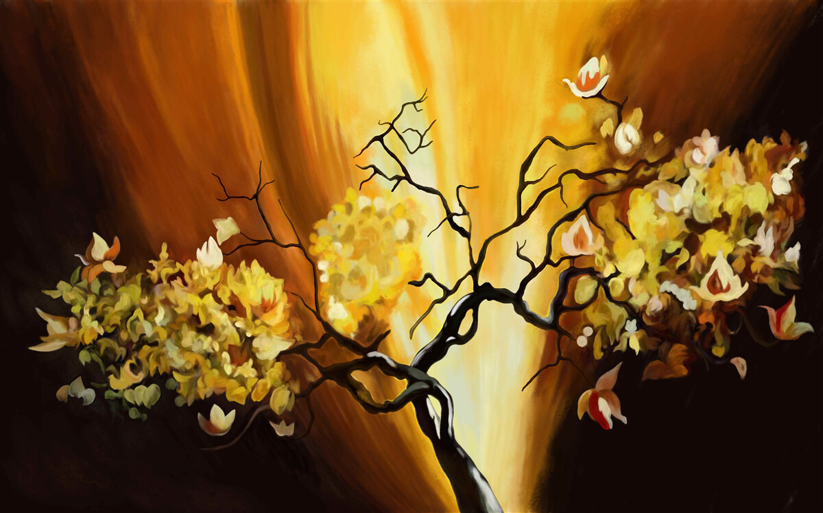 Papier peint arbre en fleurs au bord du coucher de soleil