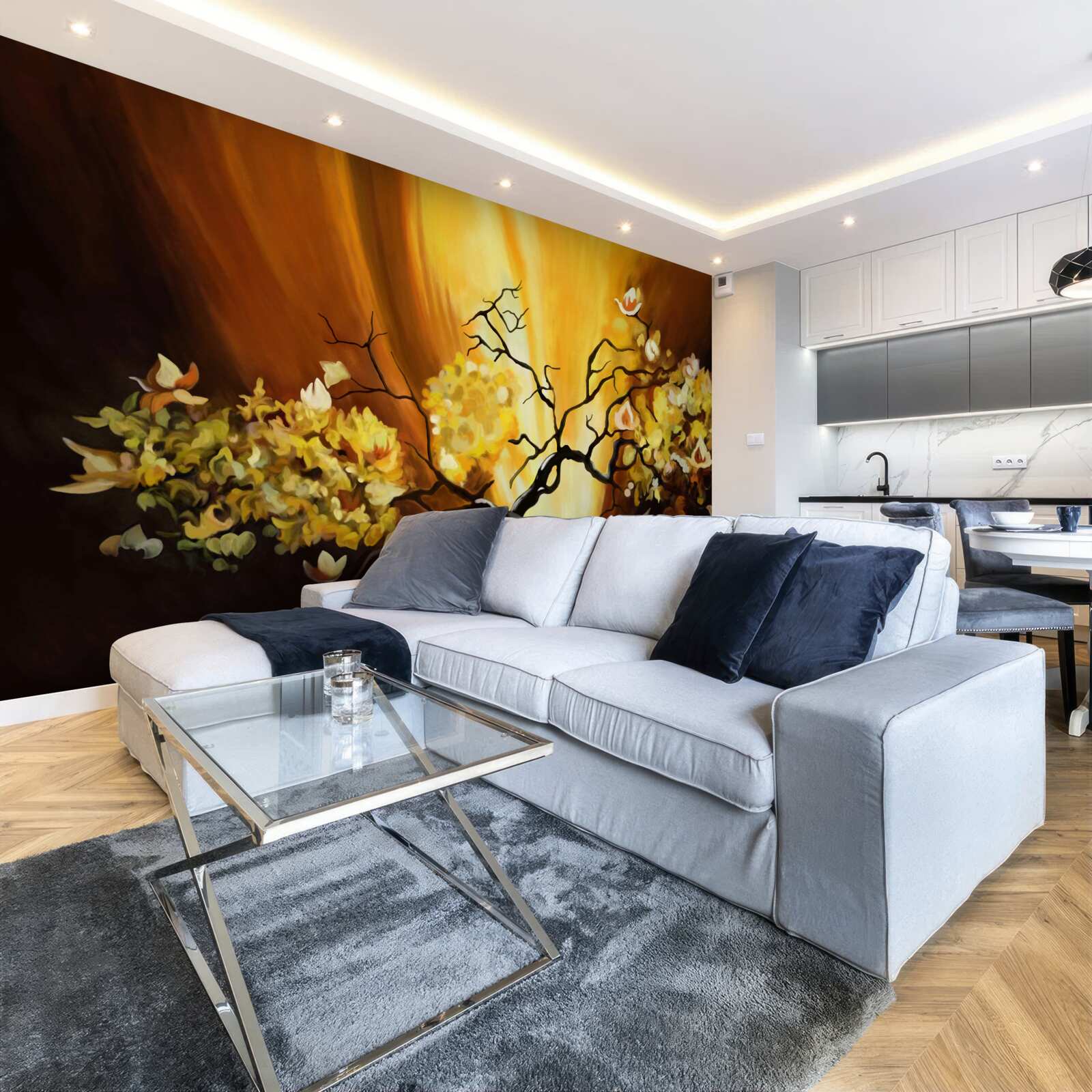 Papier peint arbre en fleurs au bord du coucher de soleil