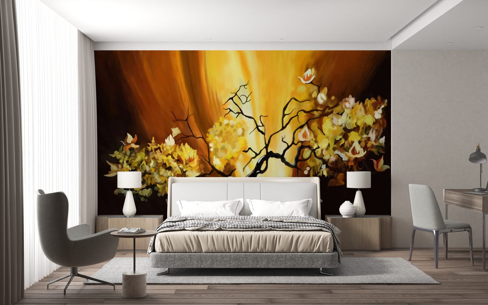 Papier peint arbre en fleurs au bord du coucher de soleil