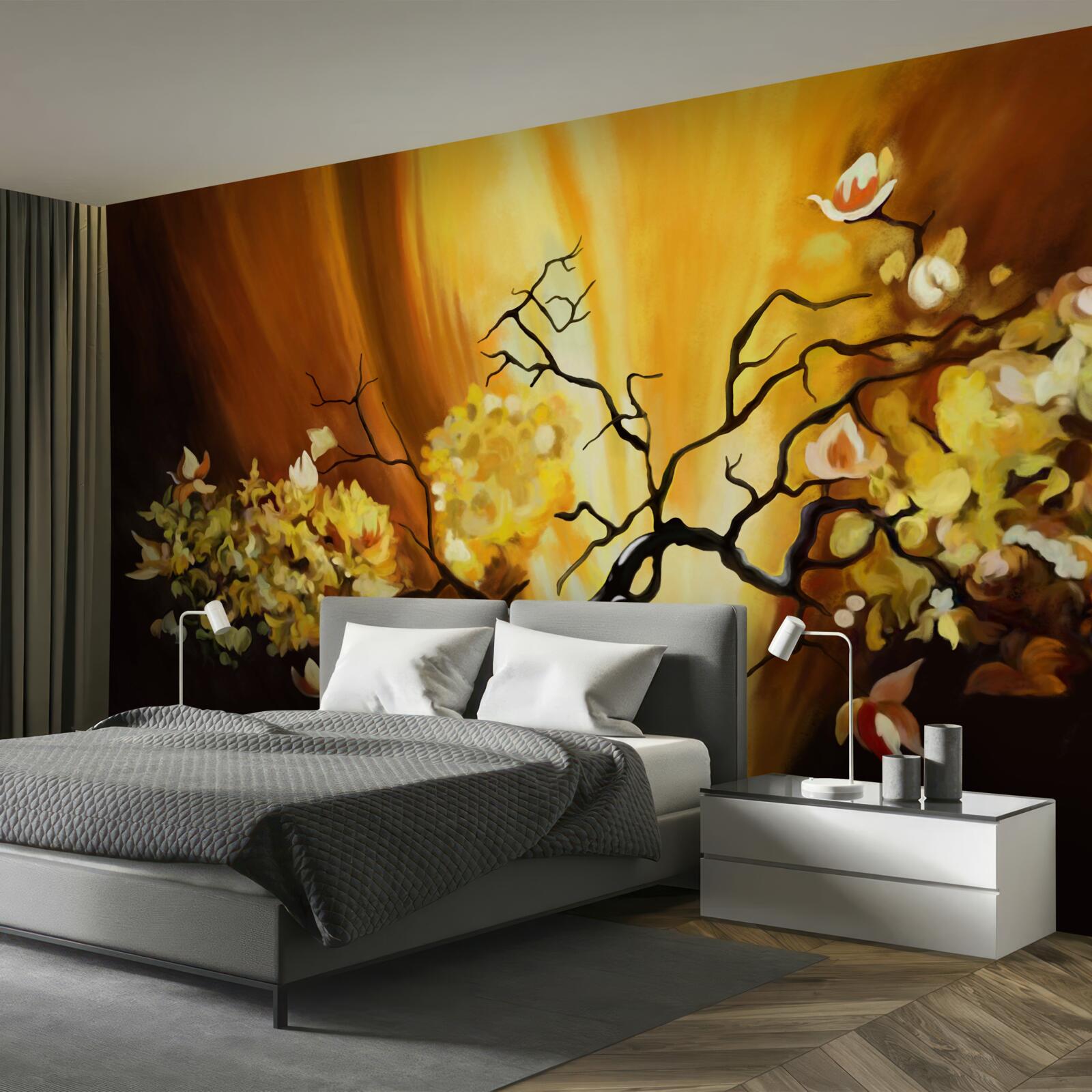 Papier peint arbre en fleurs au bord du coucher de soleil