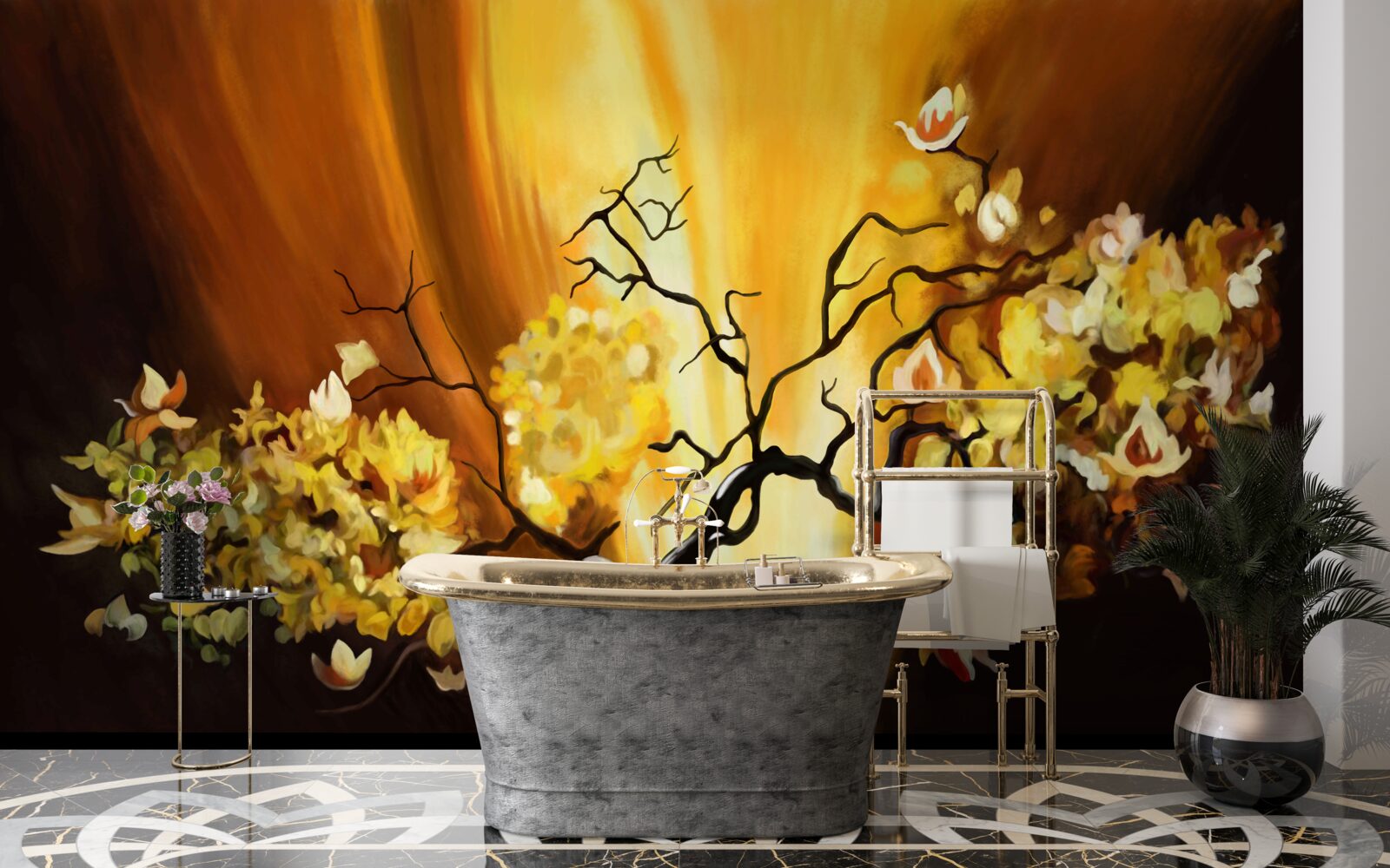 Papier peint arbre en fleurs au bord du coucher de soleil