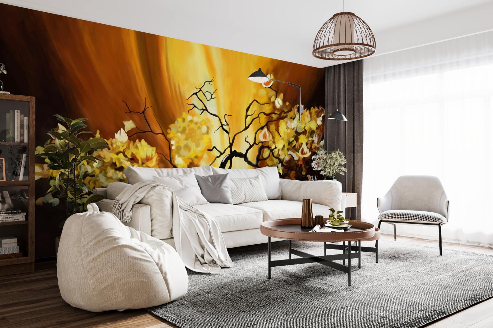 Papier peint arbre en fleurs au bord du coucher de soleil