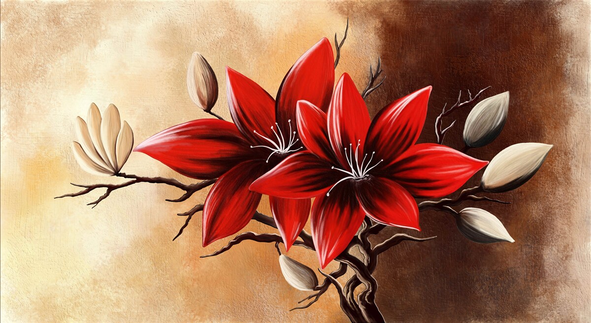 Papier peint bourgeons rouges sur fond marron