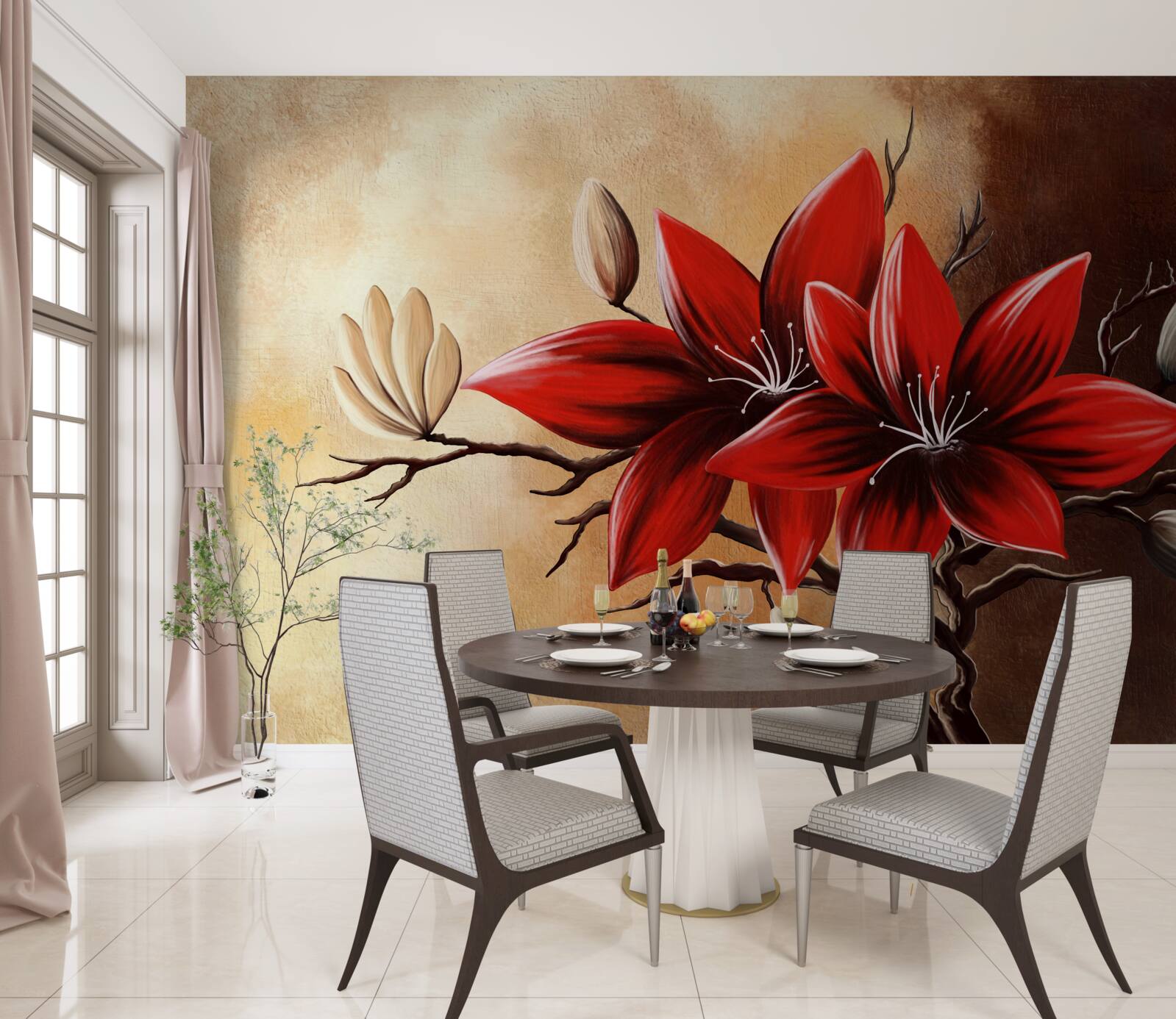 Papier peint bourgeons rouges sur fond marron