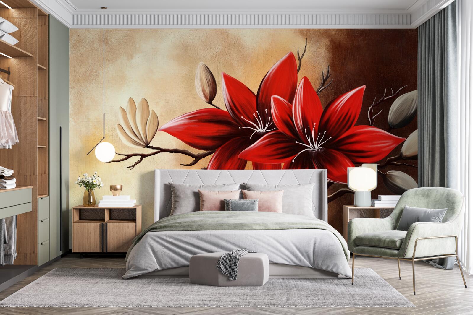 Papier peint bourgeons rouges sur fond marron