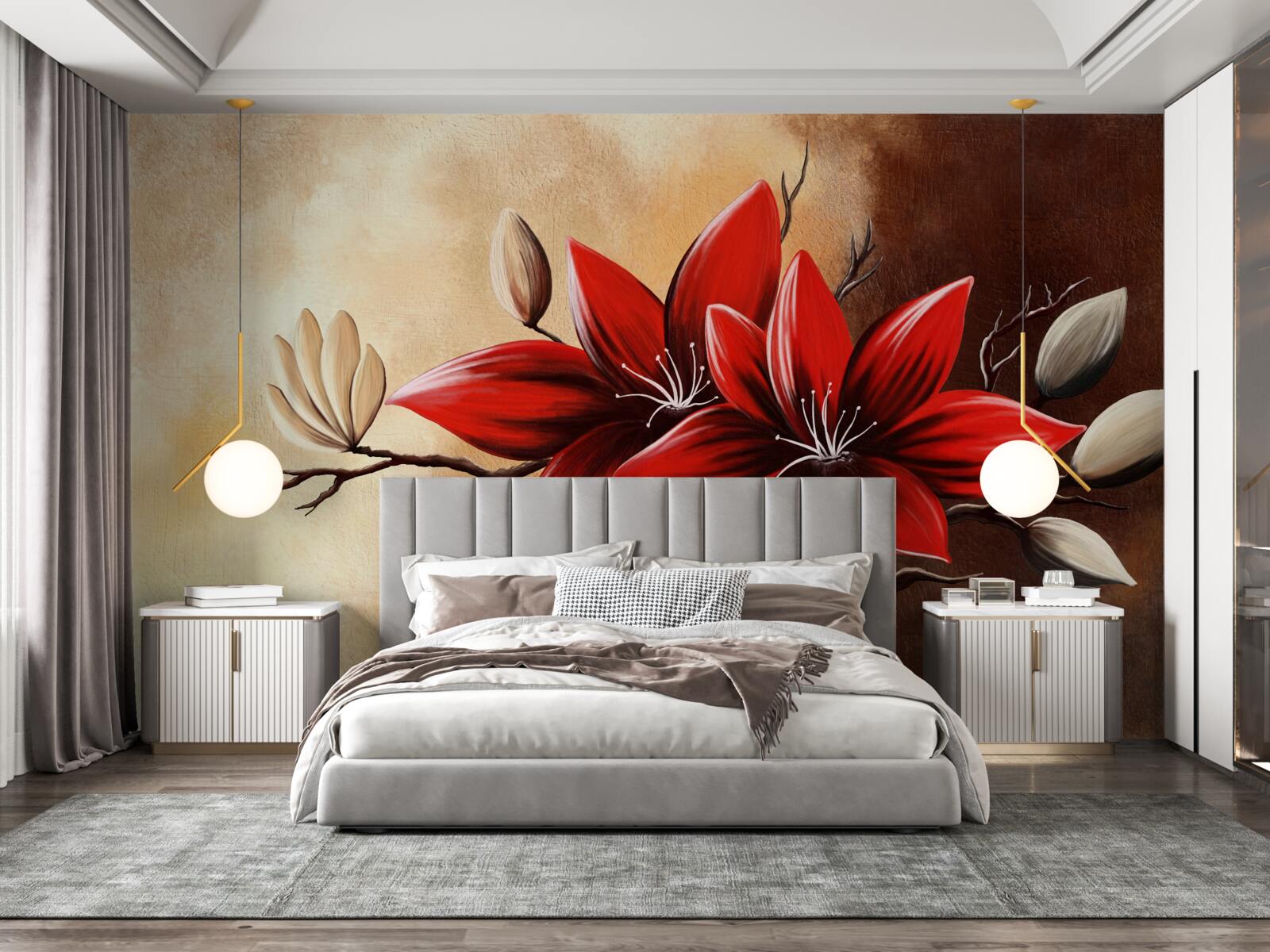 Papier peint bourgeons rouges sur fond marron