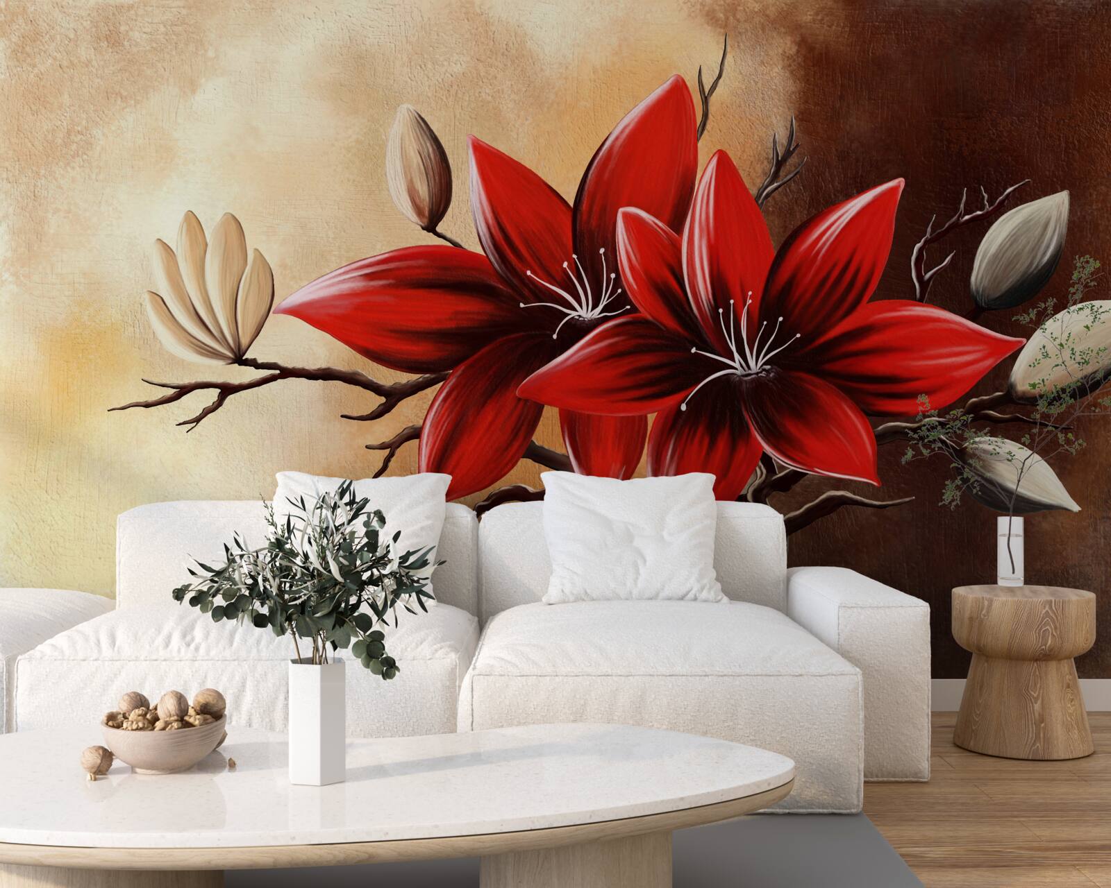 Papier peint bourgeons rouges sur fond marron