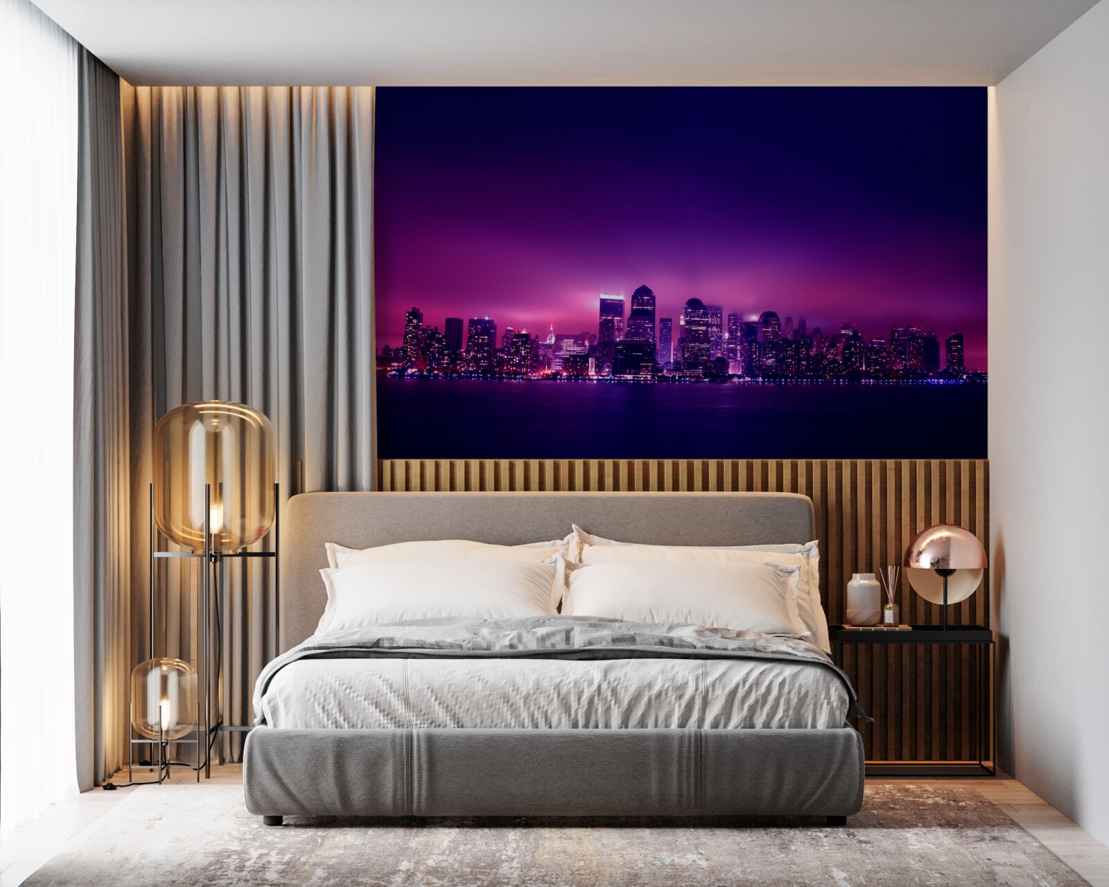 Papier peint une lueur lilas sur une grande ville