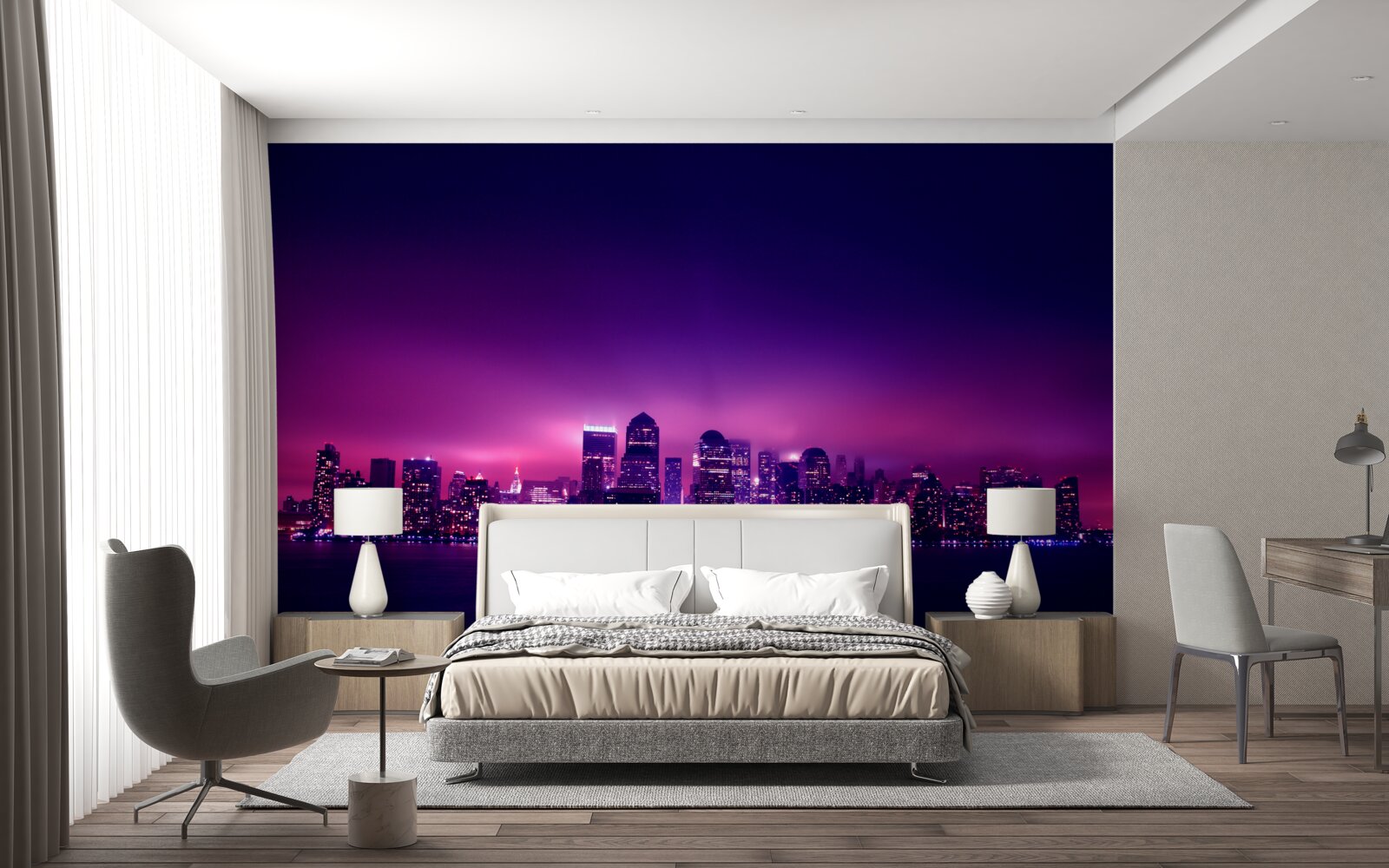 Papier peint une lueur lilas sur une grande ville