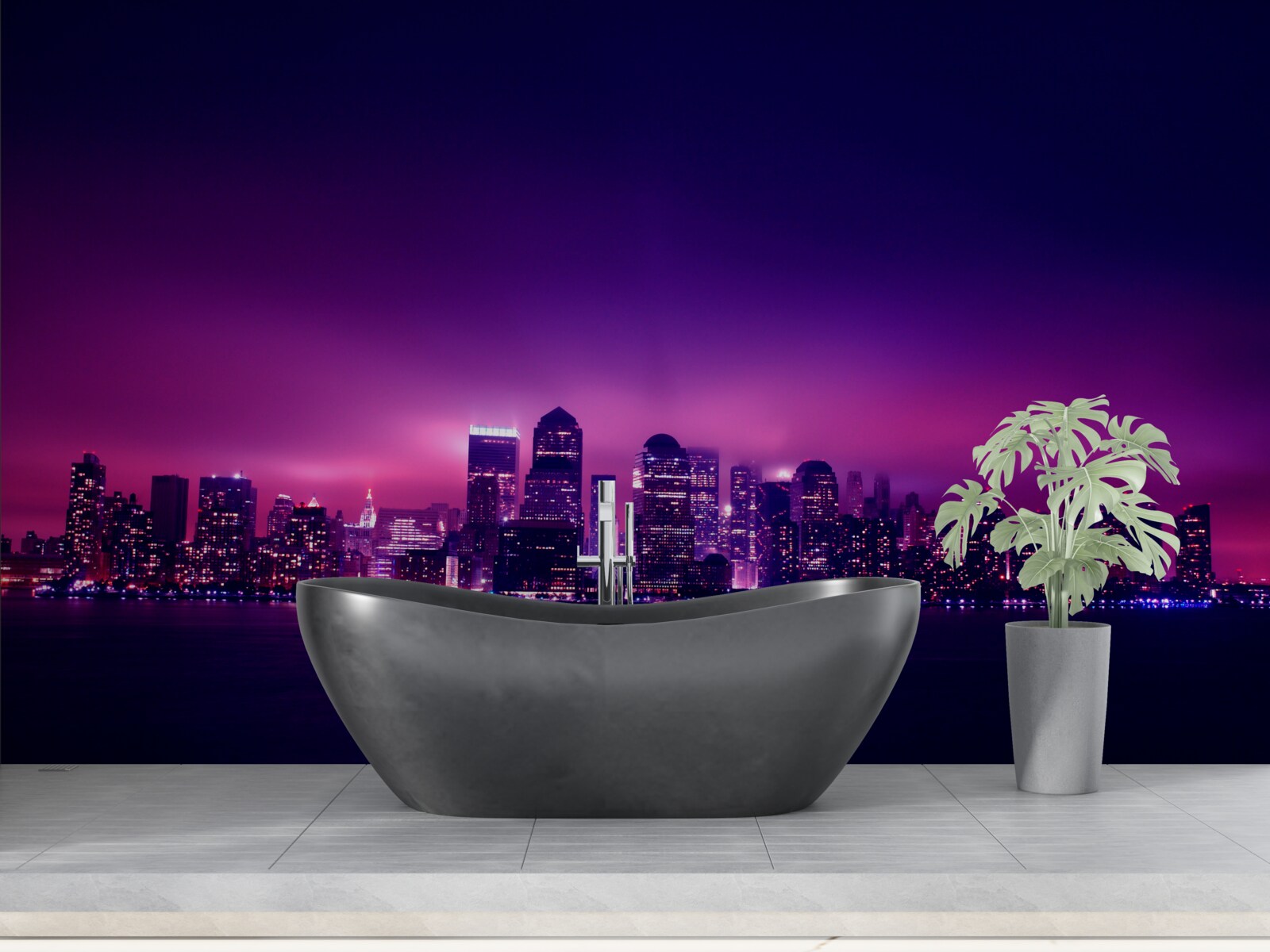 Papier peint une lueur lilas sur une grande ville