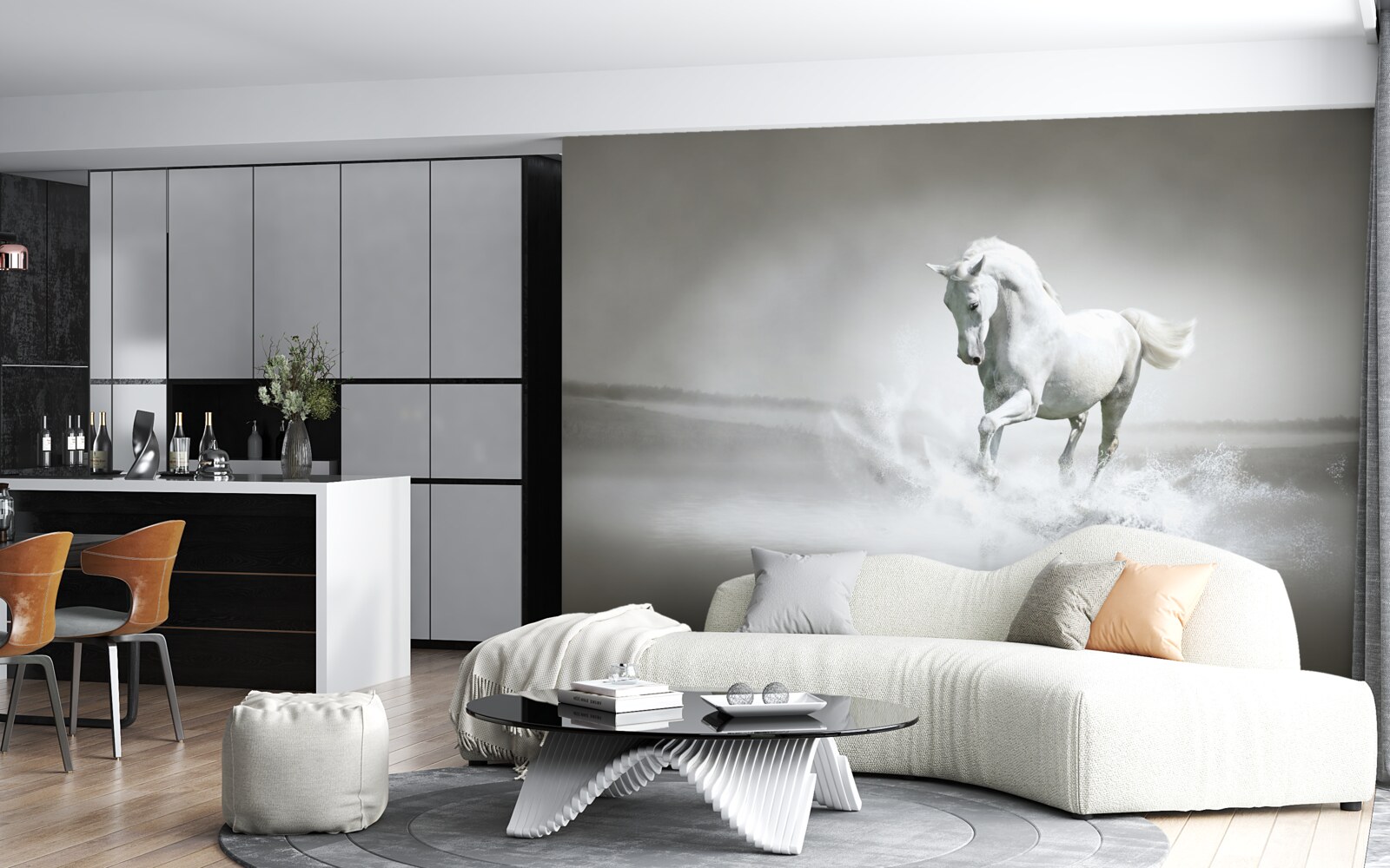 Papier peint le grand mugissement d'un cheval blanc comme neige qui tambourine ses pieds contre l'humidité