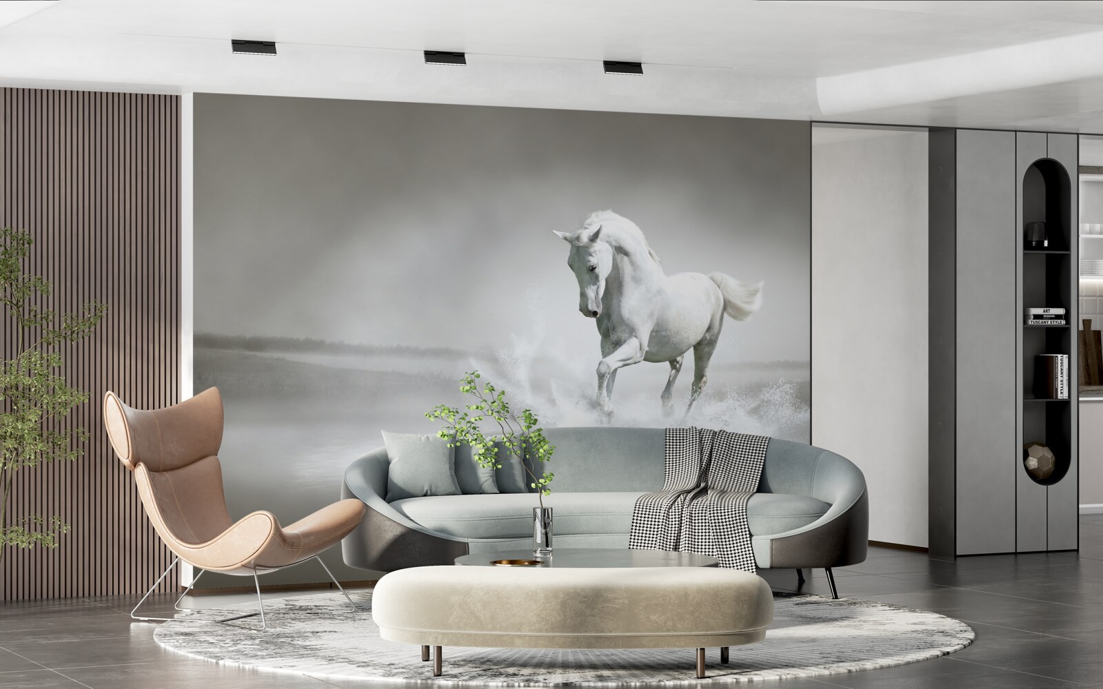 Papier peint le grand mugissement d'un cheval blanc comme neige qui tambourine ses pieds contre l'humidité