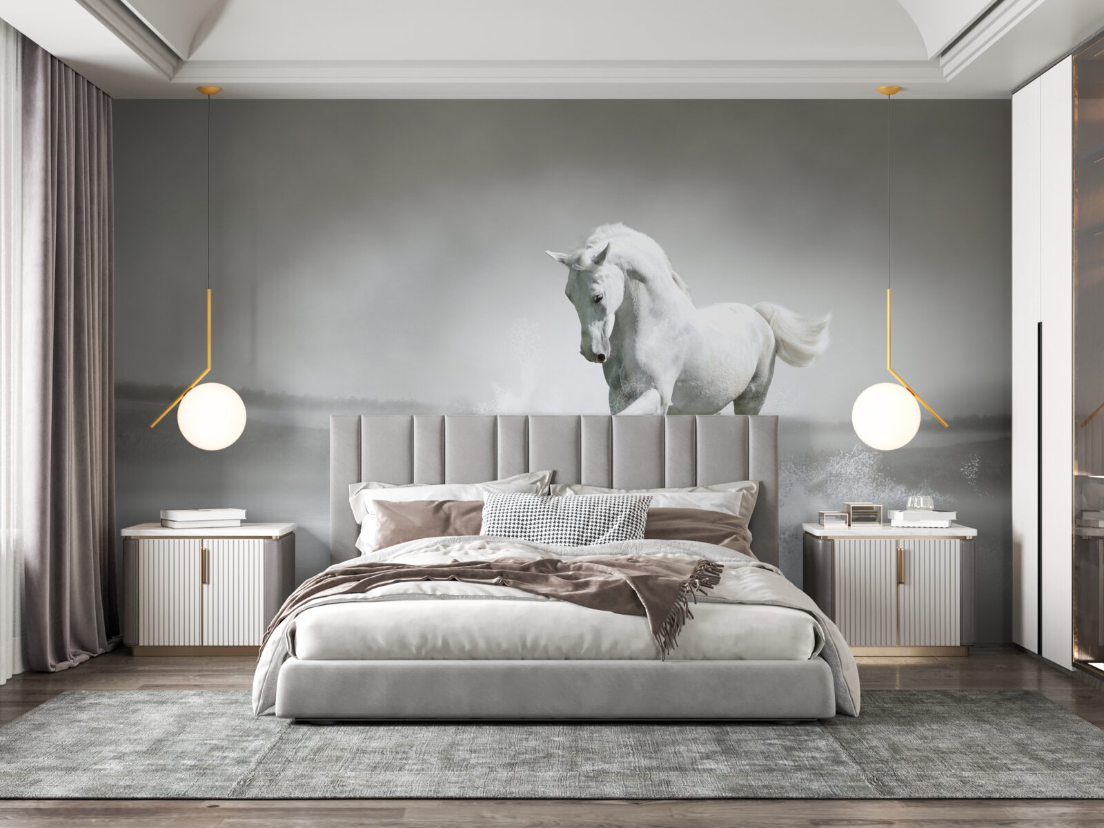 Papier peint le grand mugissement d'un cheval blanc comme neige qui tambourine ses pieds contre l'humidité