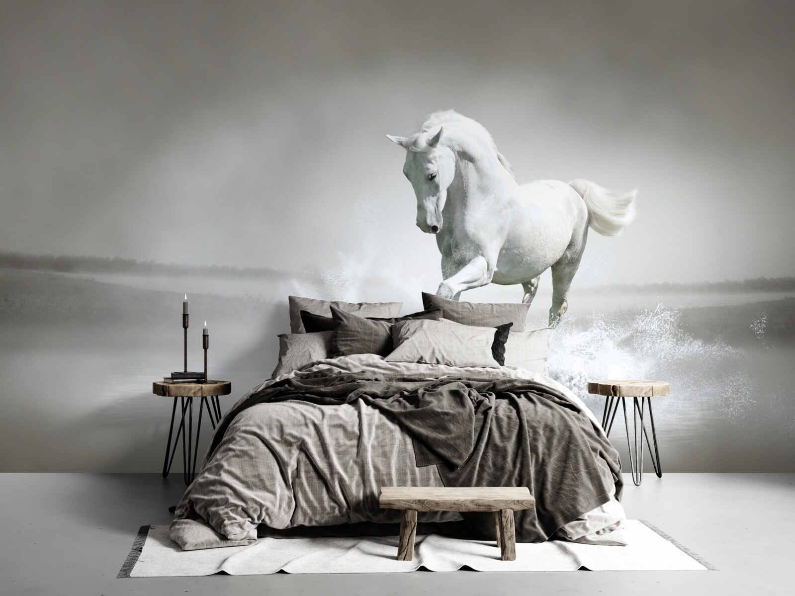 Papier peint le grand mugissement d'un cheval blanc comme neige qui tambourine ses pieds contre l'humidité