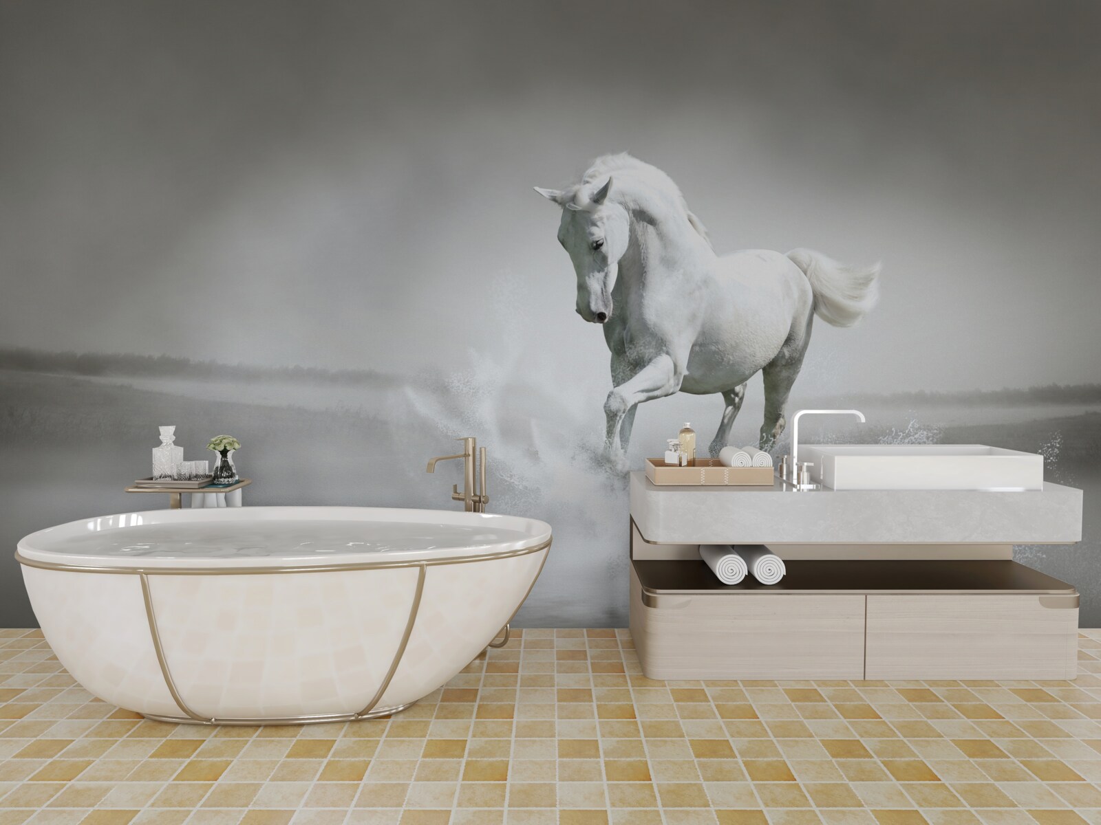 Papier peint le grand mugissement d'un cheval blanc comme neige qui tambourine ses pieds contre l'humidité