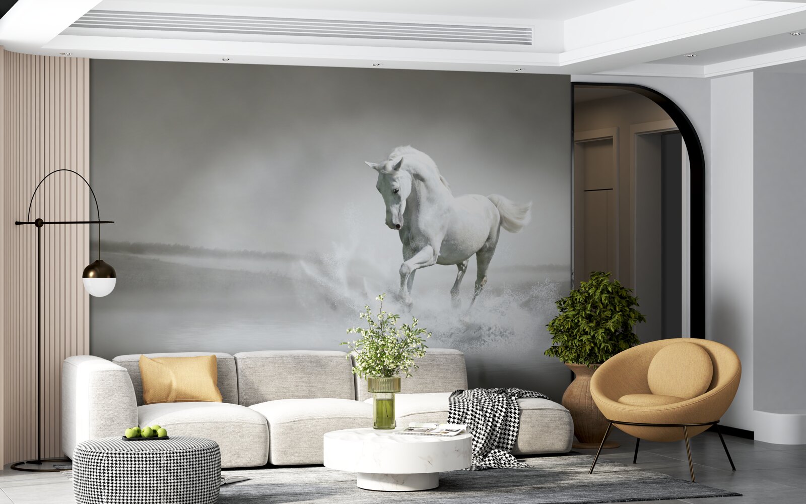 Papier peint le grand mugissement d'un cheval blanc comme neige qui tambourine ses pieds contre l'humidité