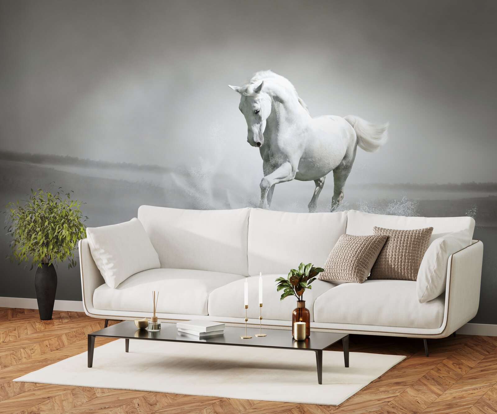 Papier peint le grand mugissement d'un cheval blanc comme neige qui tambourine ses pieds contre l'humidité