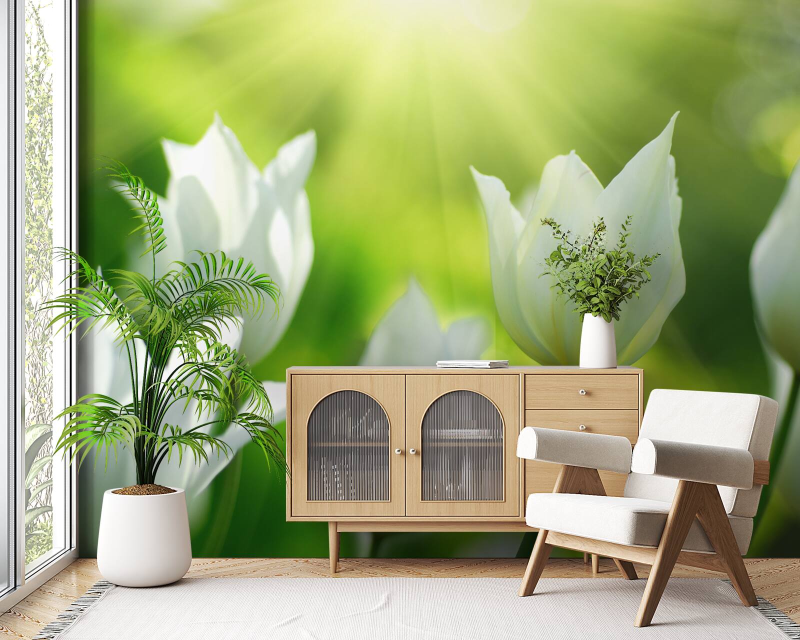 Papier peint Des tulipes blanches sous le soleil