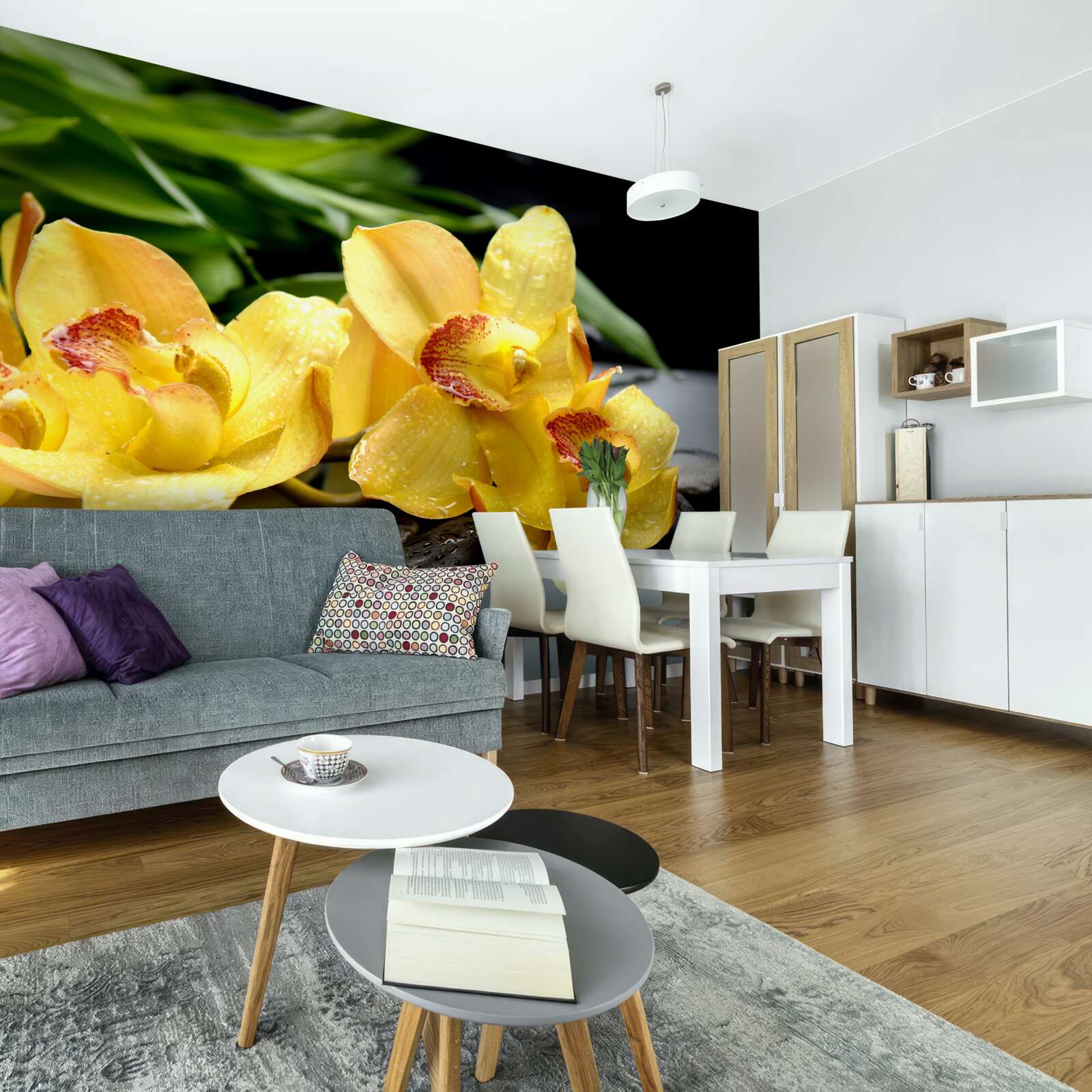 Papier peint bouquet d'orchidées jaunes délicates