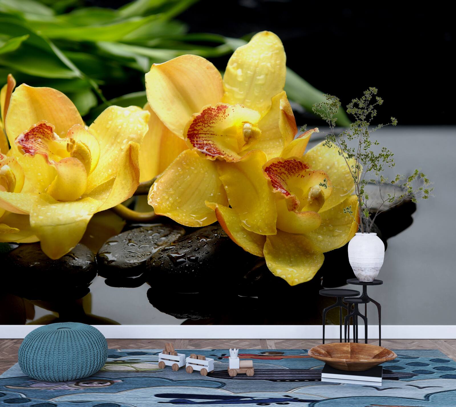 Papier peint bouquet d'orchidées jaunes délicates