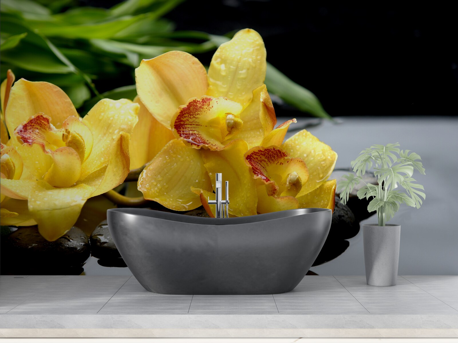 Papier peint bouquet d'orchidées jaunes délicates