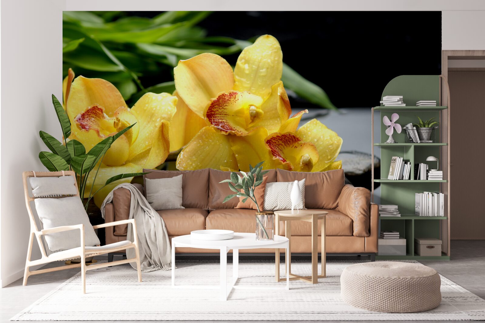 Papier peint bouquet d'orchidées jaunes délicates