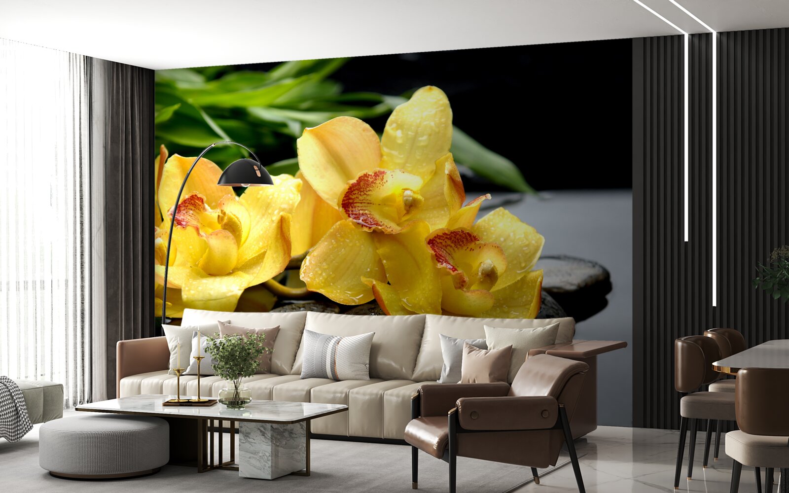 Papier peint bouquet d'orchidées jaunes délicates