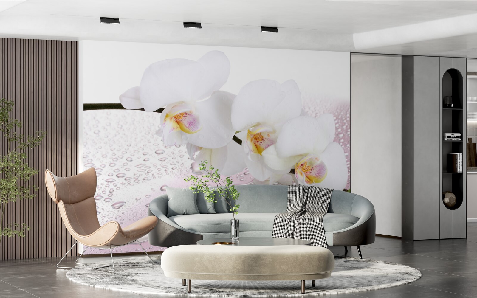 Papier peint branche d'orchidée blanche mouillée décorée de gouttes d'eau