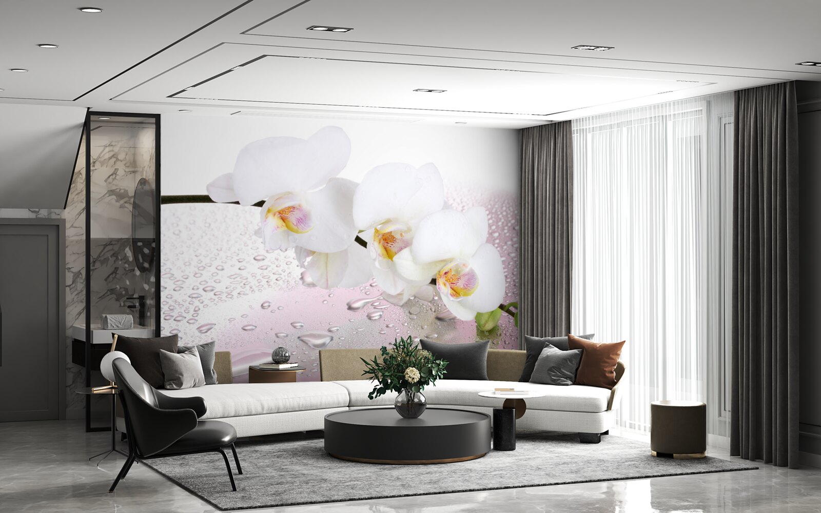 Papier peint branche d'orchidée blanche mouillée décorée de gouttes d'eau