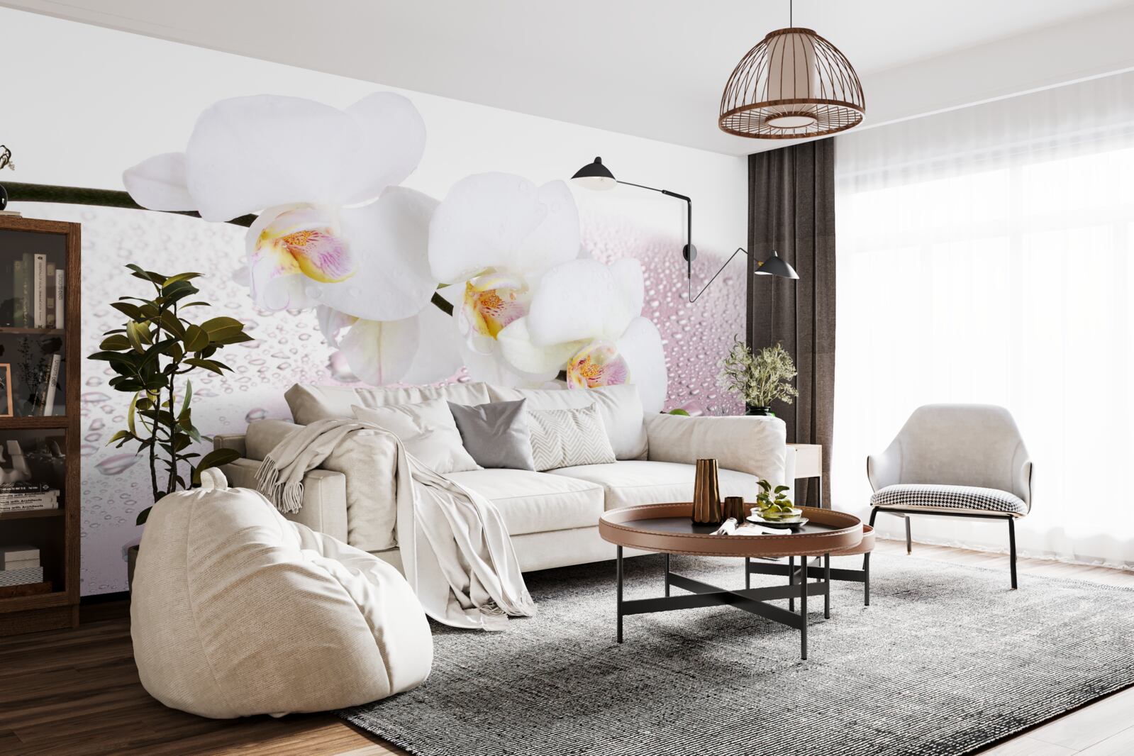 Papier peint branche d'orchidée blanche mouillée décorée de gouttes d'eau