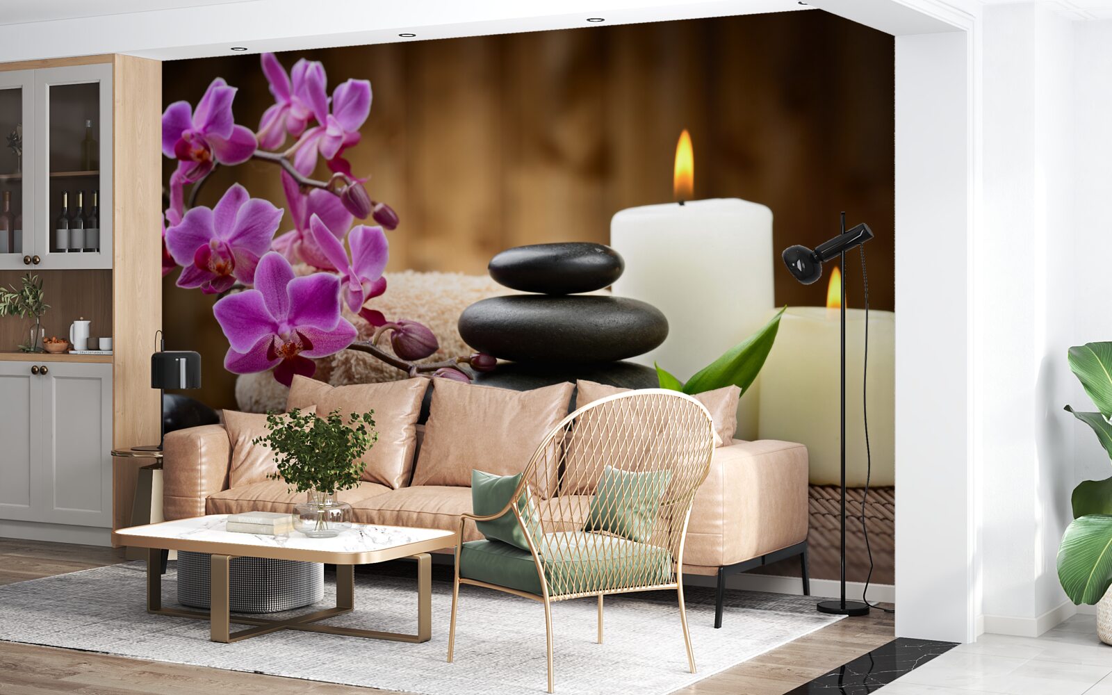 Papier peint orchidée entourée de bougies et de pierres