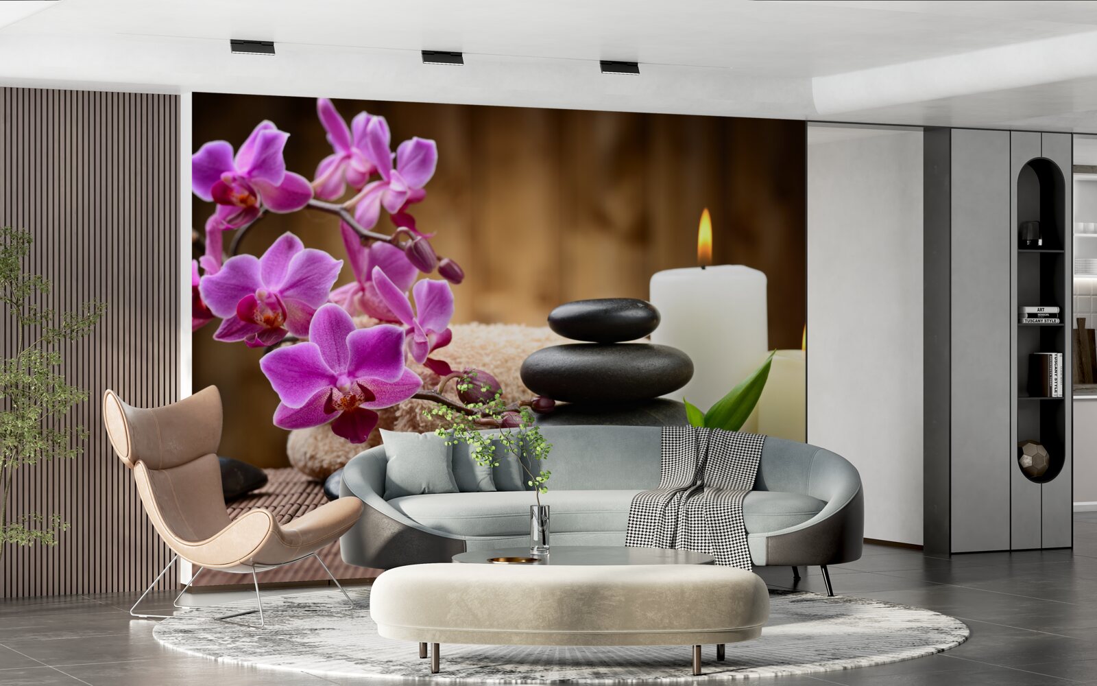 Papier peint orchidée entourée de bougies et de pierres